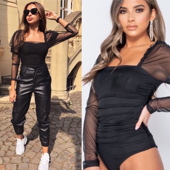 Tops - Chic Simplicity Black Mesh Sleeve Bodysuit